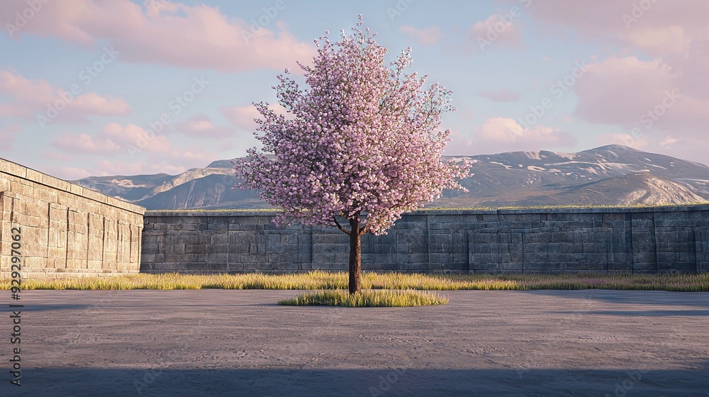 Poster a tree in a parking lot with a mountain in the background and a wall in the background