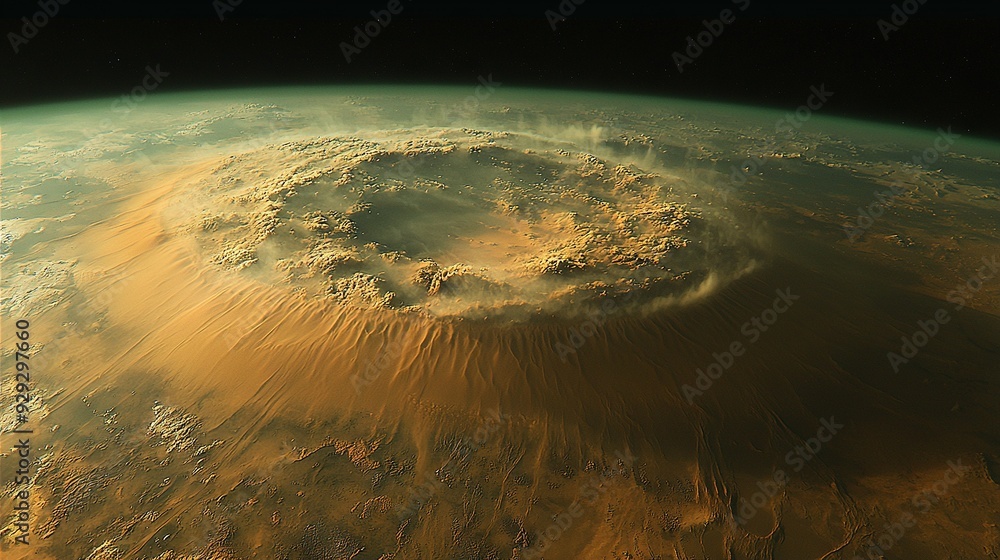 Poster a zoomed-in image of earth featuring a massive circular feature at its center