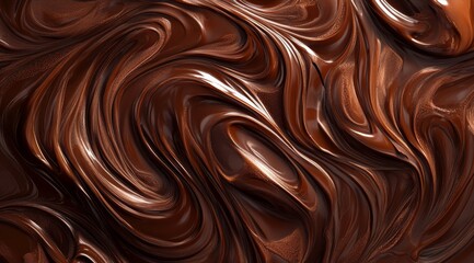 Naklejka premium This image highlights the enticing texture of melted chocolate with smooth, swirling patterns, reflecting indulgence. Its perfect for themes related to chocolate delights and decadent desserts