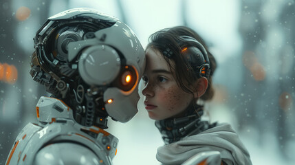 Fototapeta premium Face to Face Futuristic Encounter Woman and Male Robot