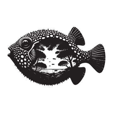recommend clip art: silhouette of Pufferfish filled with nature view in rough drawing