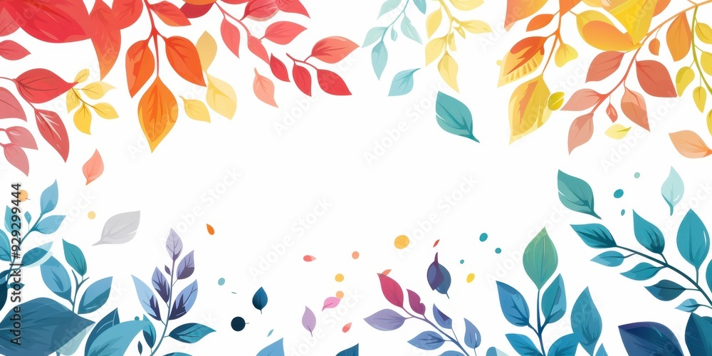 Poster colorful leaves with a simple border on a white background generative ai