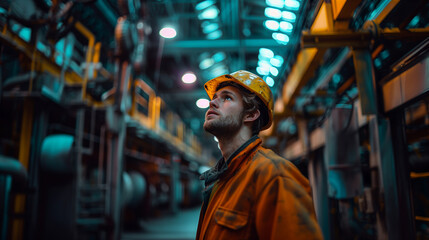 Obraz premium Male Industrial Worker in Uniform in Factory Background