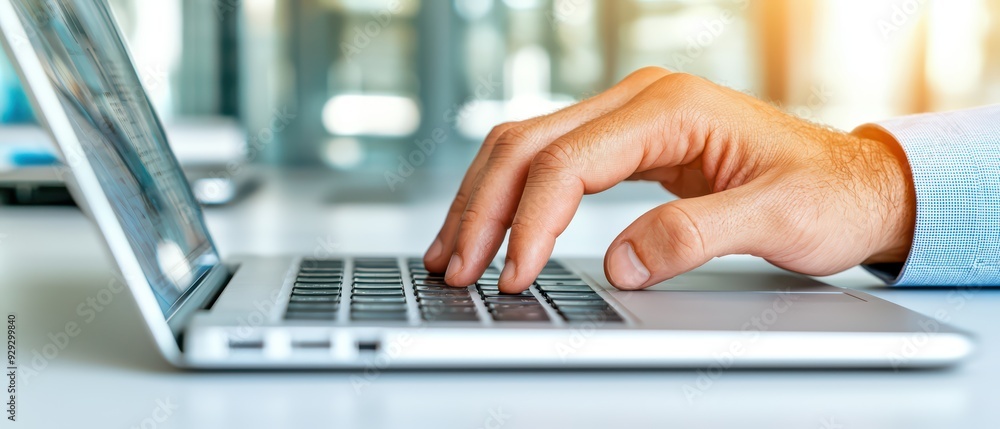 Poster a close-up of a person's hand typing on a laptop keyboard in a bright and modern workspace, emphasiz