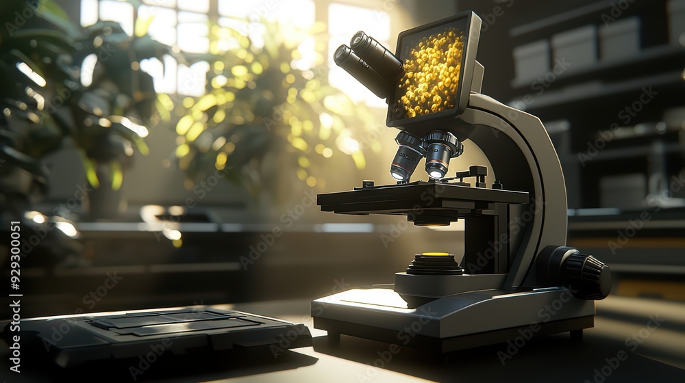 Poster a close-up view of a modern microscope placed on a laboratory table, highlighting its intricate desi