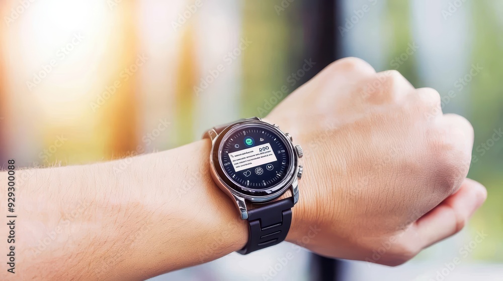 Poster a close-up view of a smartwatch displaying notifications, showcasing modern technology on a person's