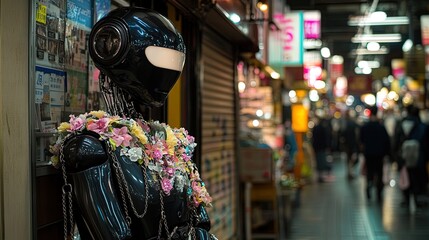 Obraz premium Futuristic Elegance: A Polished Black Humanoid Robot in a Vibrant Marketplace — Perfect for Sports Interior Posters and Modern Art Displays!