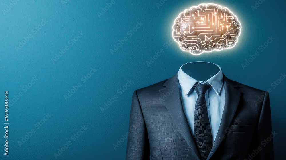 Poster a conceptual image of a businessperson with a digital brain representing artificial intelligence and