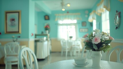 Elegant table setting with bouquet, empty cafe interior with cute vintage design and delicate colors
