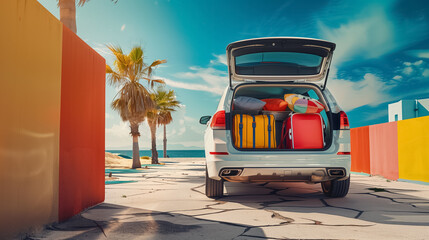 Packed SUV Trunk Ready for a Journey at a Tropical Beach