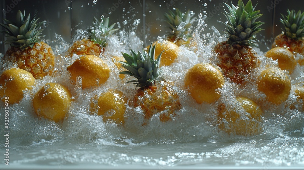 Poster   A cluster of pineapples and oranges submerged in water with splashing droplets
