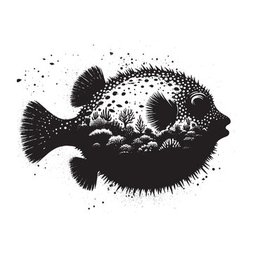 recommend clip art: silhouette of Pufferfish filled with underwater view with coral in rough drawing