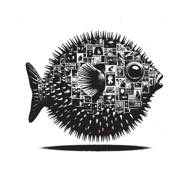 recommend clip art: silhouette of Pufferfish filled with vintage punk's poster collage wall in rough drawing