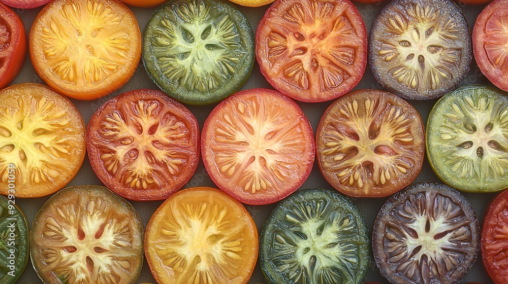 Poster   A collection of diced tomatoes resting atop a stack of mixed green and red tomatoes laid on top of one another