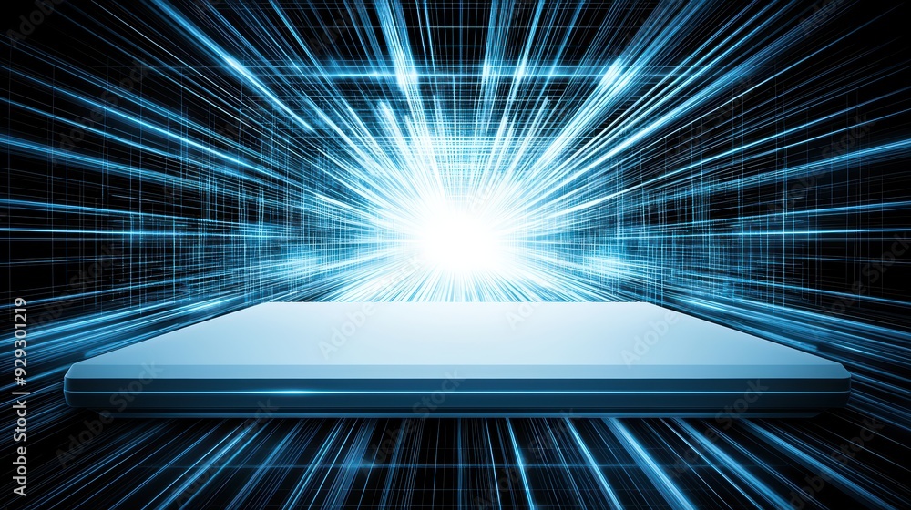 Poster a futuristic digital background with glowing blue rays emanating from a central point, representing 
