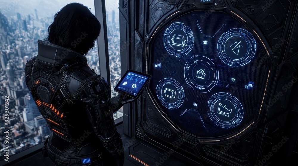 Poster a futuristic figure interacts with a high-tech interface while overlooking a sprawling cityscape.