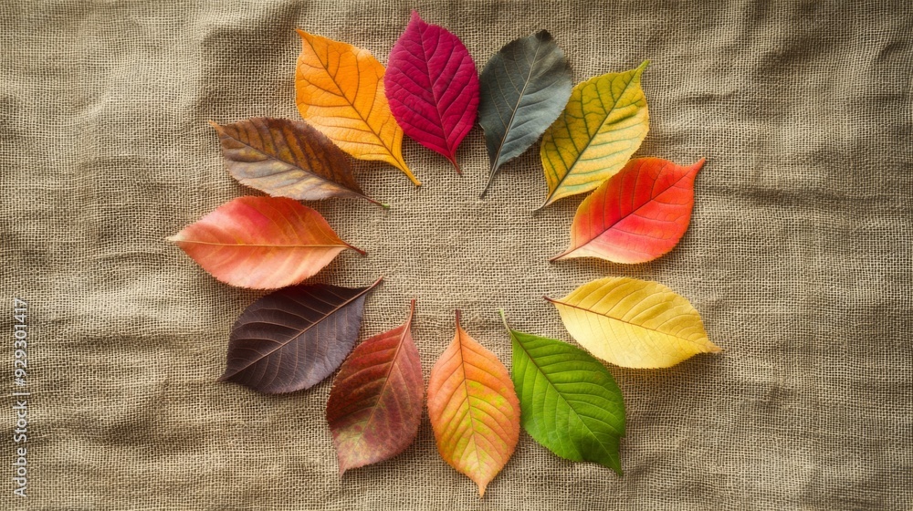 Poster a variety of autumn leaves in vibrant hues are meticulously arranged in a circular layout on a textu