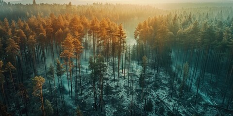 Fototapeta premium Aerial view of forest fire aftermath with green forest regeneration