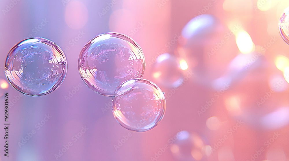 Poster a cluster of bubbles floating together against a backdrop of pink and blue, with a hazy curtain in t