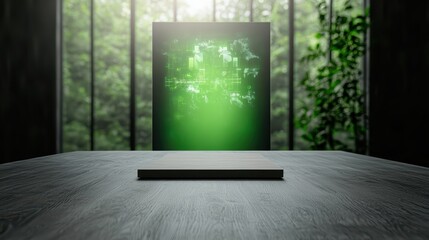 A futuristic setting featuring a green holographic display in a serene room with natural greenery, ideal for technology and innovation themes.