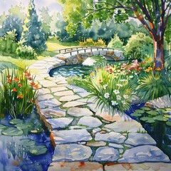 Tranquil Garden Scene with Stone Bridge, Watercolor Landscape Design