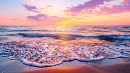 Fototapeta premium Warm golden sunset over a tranquil beach with gentle waves lapping the shore, featuring vibrant hues of orange, pink, and purple in the sky, reflecting the end of summer