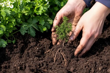 A gardener planting a young thyme seedling in rich soil, surrounded by fresh greenery. Nurturing nature for a thriving garden.