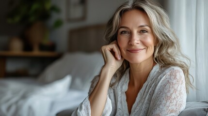Fototapeta premium Smiling middle-aged Caucasian woman with wavy gray hair, dressed in a white blouse, relaxed in a cozy bedroom setting.