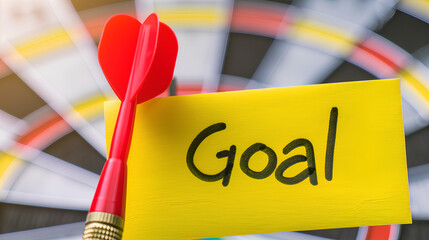 Close-up of a yellow note with the text 'Goal' and a dart hitting the target