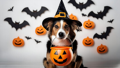 dog dressed witch halloween holding candy bucket white background bat decorations