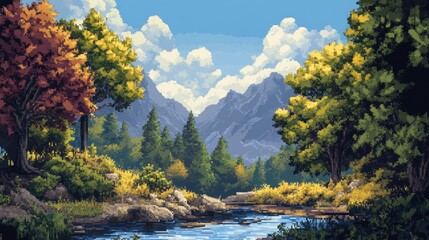 A serene pixel art landscape featuring vibrant autumn trees and a calm river, surrounded by majestic mountains under a bright blue sky.