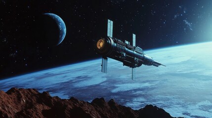 A futuristic space station orbits Earth, with a distant planet visible in the background, showcasing advanced technology in a cosmic setting.