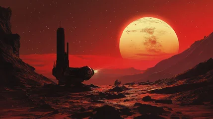 Gardinen A futuristic spacecraft sits on a rocky alien landscape under a glowing red sun, creating an atmospheric and otherworldly scene. © Nathan