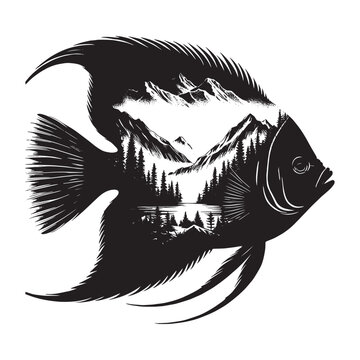 recommend clip art: silhouette of Regal Angelfish filled with mountain and nature view in rough drawing