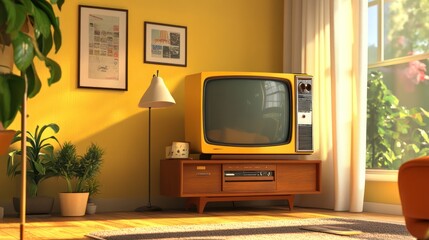 A retro living room featuring a vintage yellow television and mid-century decor, illuminated by natural light.