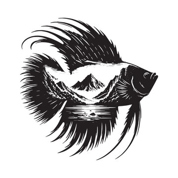 recommend clip art: silhouette of Regal Angelfish filled with mountain and nature view in rough drawing