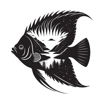 recommend clip art: silhouette of Regal Angelfish filled with mountain and nature view in rough drawing