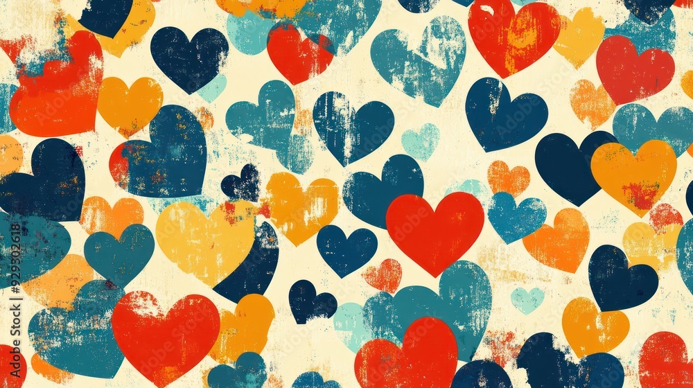 Poster colorful heart patterns create a vibrant and playful backdrop perfect for romantic themes.