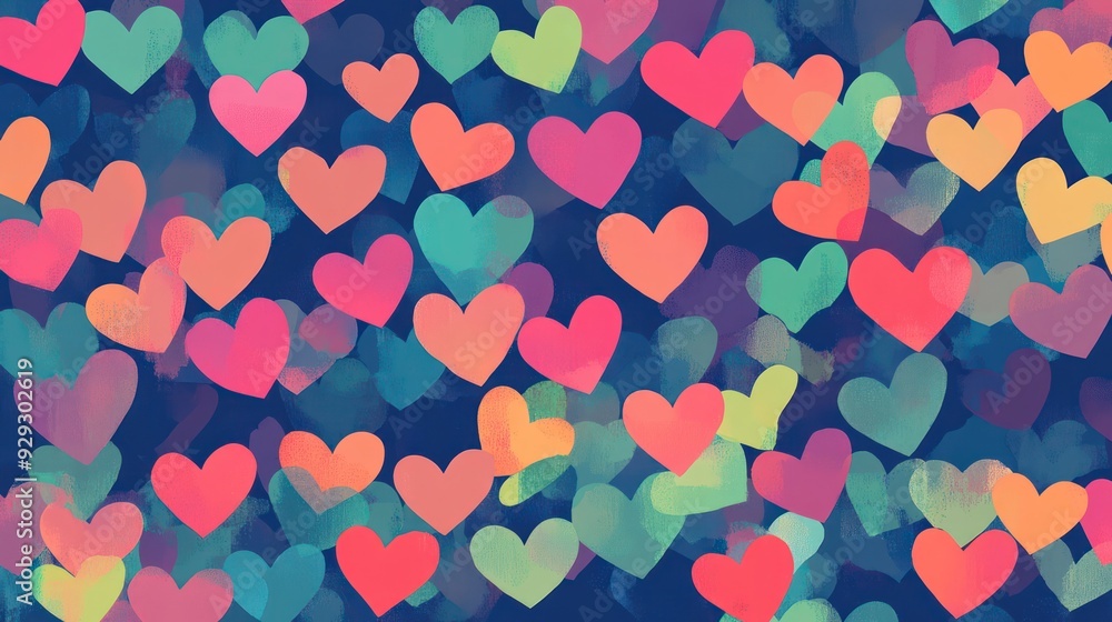 Poster colorful heart patterns on a dark background create a vibrant and joyful atmosphere.
