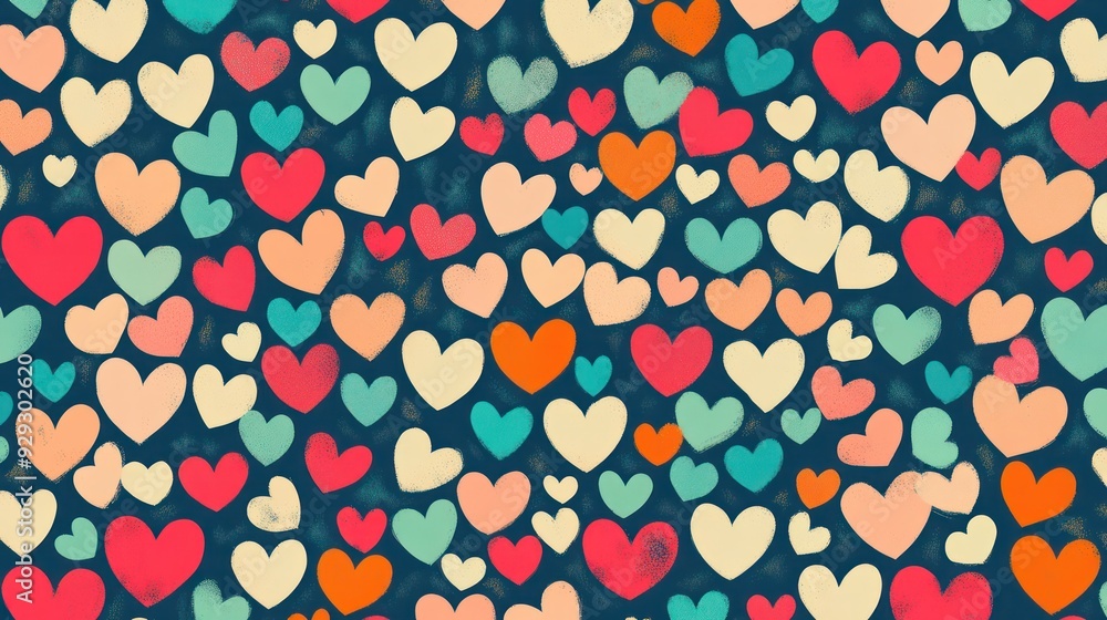 Poster A vibrant pattern of colorful hearts in various sizes, creating a joyful and cheerful atmosphere.