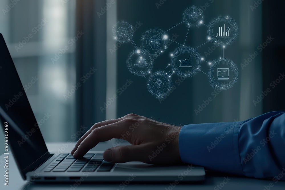 Poster a hand typing on a laptop with digital icons representing technology, data, and networking in a mode