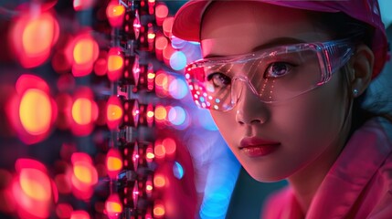 A young woman with safety glasses and a pink cap stares directly at the camera.