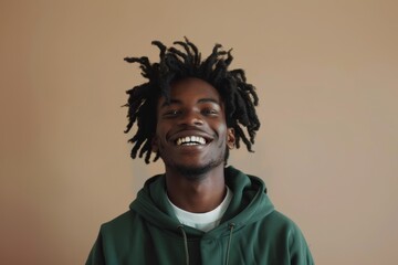Obraz premium A contented young African American man from Generation Z. Close-up of a playful, ethnically-oriented adolescent student, with nice, wavy hair and flawless white teeth.