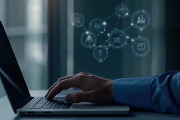 A hand typing on a laptop with digital icons representing technology, data, and networking in a modern workspace.