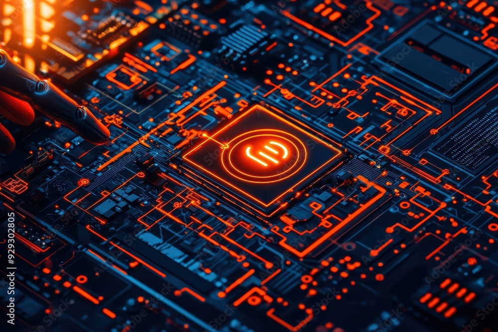 Poster a high-tech circuit board featuring glowing orange lines and a central processor, symbolizing advanc
