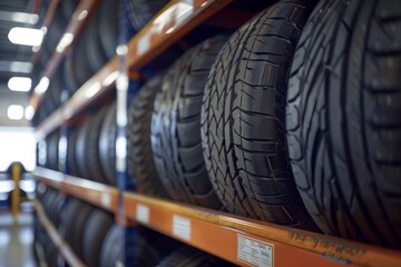 In the auto shop, a fresh tire is set on the tire storage rack. Be ready for cars that require tire replacements.