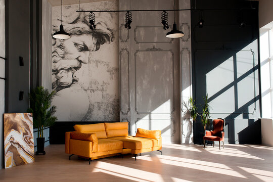 Modern loft living room with high ceiling, black and grey walls, wooden floor, design furniture and tropical plant.
