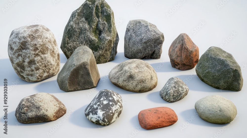 Poster a collection of various rocks in different shapes and colors, showcasing natural textures and patter