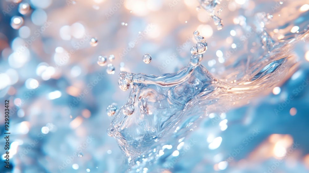 Poster a stunning close-up of splashing water droplets creating dynamic patterns in vibrant shades of blue 