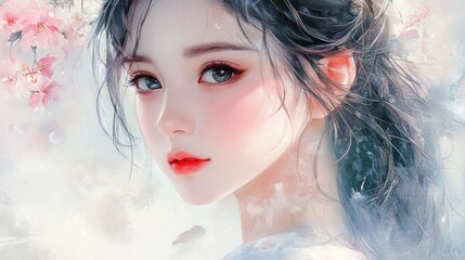 Fototapeta premium A serene portrait of a young woman with delicate features, framed by pink cherry blossoms, exuding a dreamy and ethereal atmosphere.